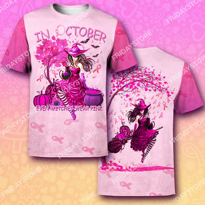 In October Even Witches Wear Pink - Breast Cancer All Over Print Hoodie T-shirt