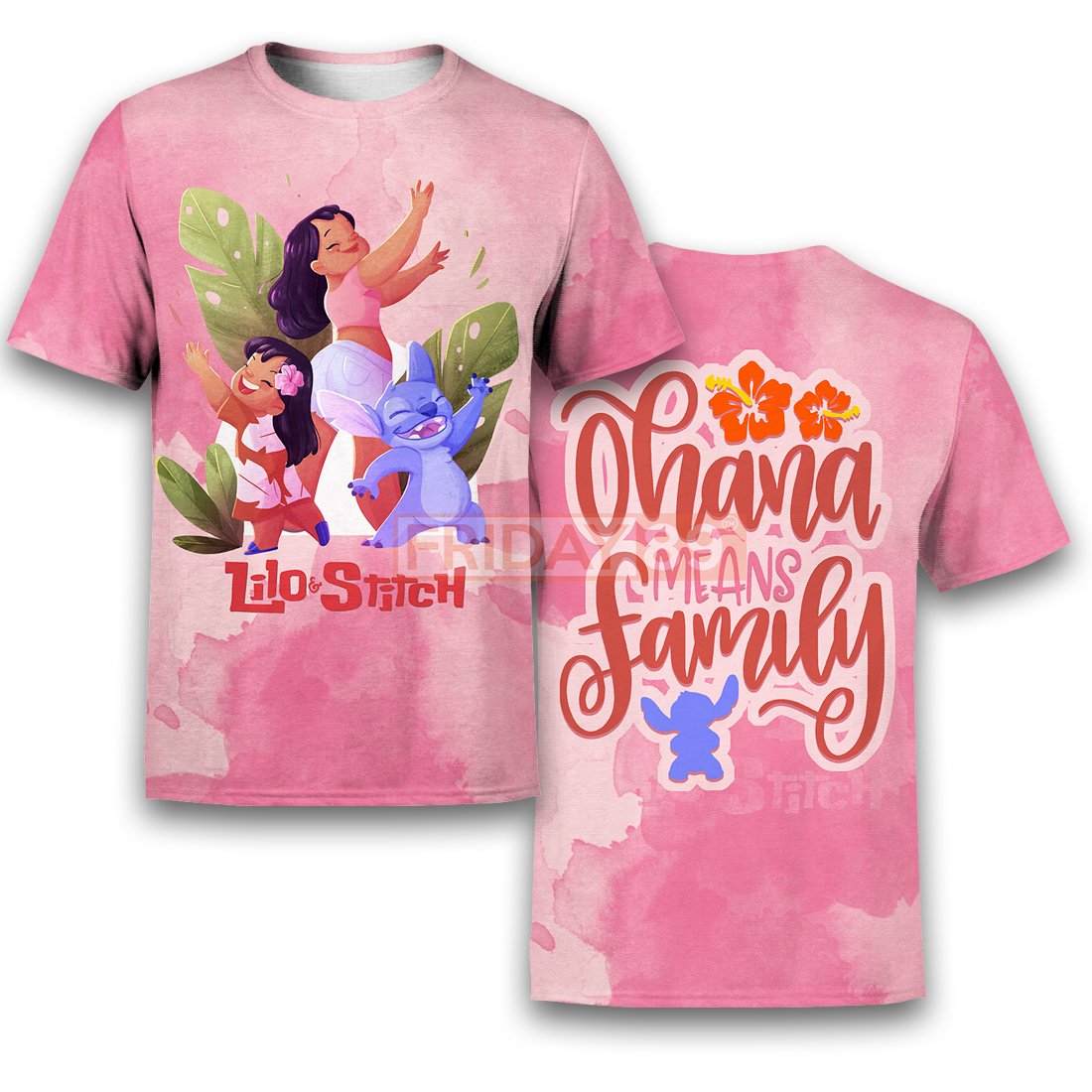 Pink Lilo & Stitch Ohana Means Family All Over Print Hoodie T-shirt