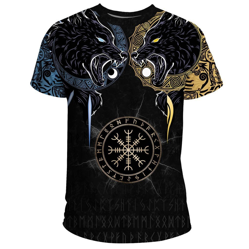  Viking Shirt Viking Hati And Skoll Wolves Blue Yellow Vegvisir The Viking Compass Black T-shirt Viking Hoodie Adult Full Print