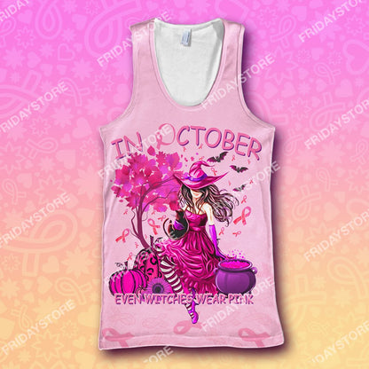 In October Even Witches Wear Pink - Breast Cancer All Over Print Hoodie T-shirt