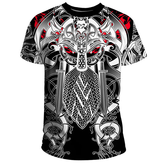  Viking Shirt Viking Odin Eternal Flame Norse Art Style Black White Red T-shirt Adult Full Size