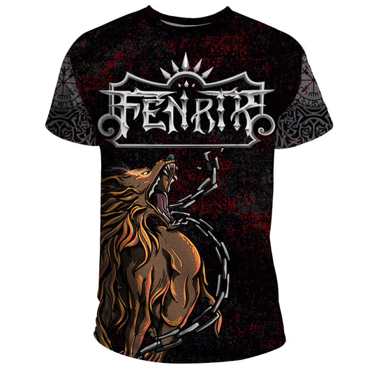  Viking Shirt Viking Fenrir Wolf Deer And Wolf Norse Art Black White Red T-shirt Adult Full Print