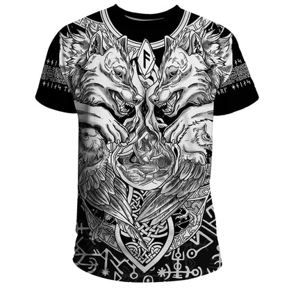  Viking Shirt Wolf And Raven Norse Drawing Art Style Black White T-shirt Full Size Full Print