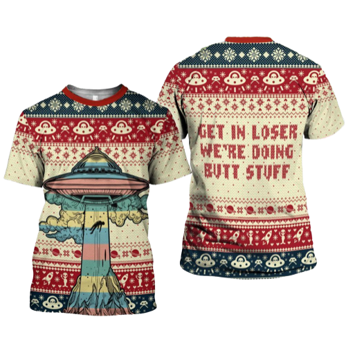 Unifinz UFO Christmas Shirt UFO Abduction We're Doing Butt Stuffs Christmas T-shirt Hoodie Adult Full Print 2022