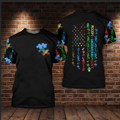 Unifinz Autism Hoodie American Flag Colorful Puzzle Piece Accept Understand Love T-shirt Autism Apparel 2023