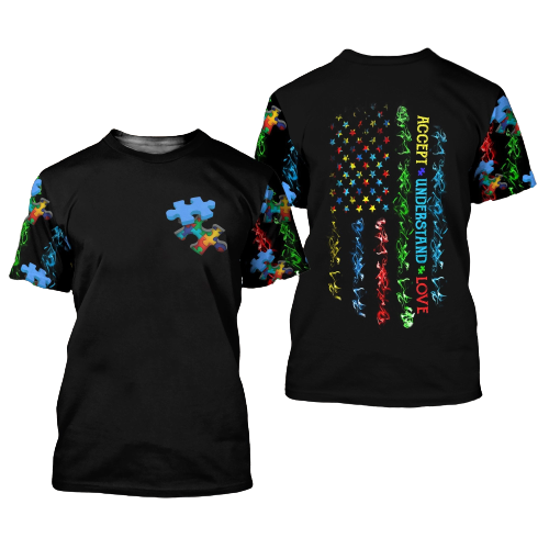 Unifinz Autism Hoodie American Flag Colorful Puzzle Piece Accept Understand Love T-shirt Autism Apparel 2025
