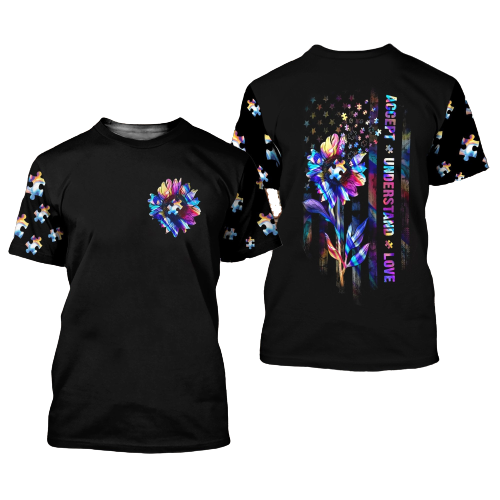 Unifinz Autism Shirt Hologram Flower US Flag T-shirt Autism Hoodie Autism Apparel 2025