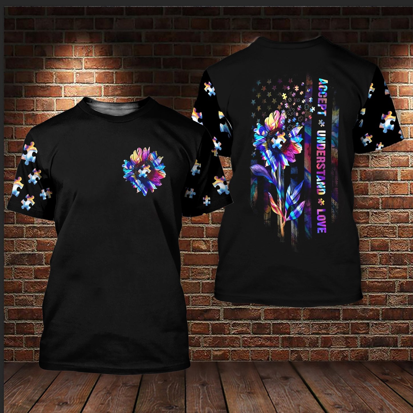 Unifinz Autism Shirt Hologram Flower US Flag T-shirt Autism Hoodie Autism Apparel 2023