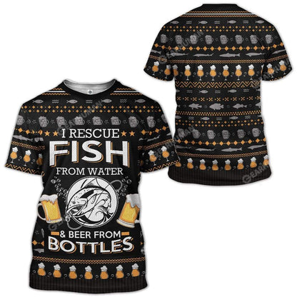  Fishing Beer T-shirt I Rescue Fish From Water And Beer From Bottle Beer Pattern Black T-shirt Fishing Hoodie Adult Full Size