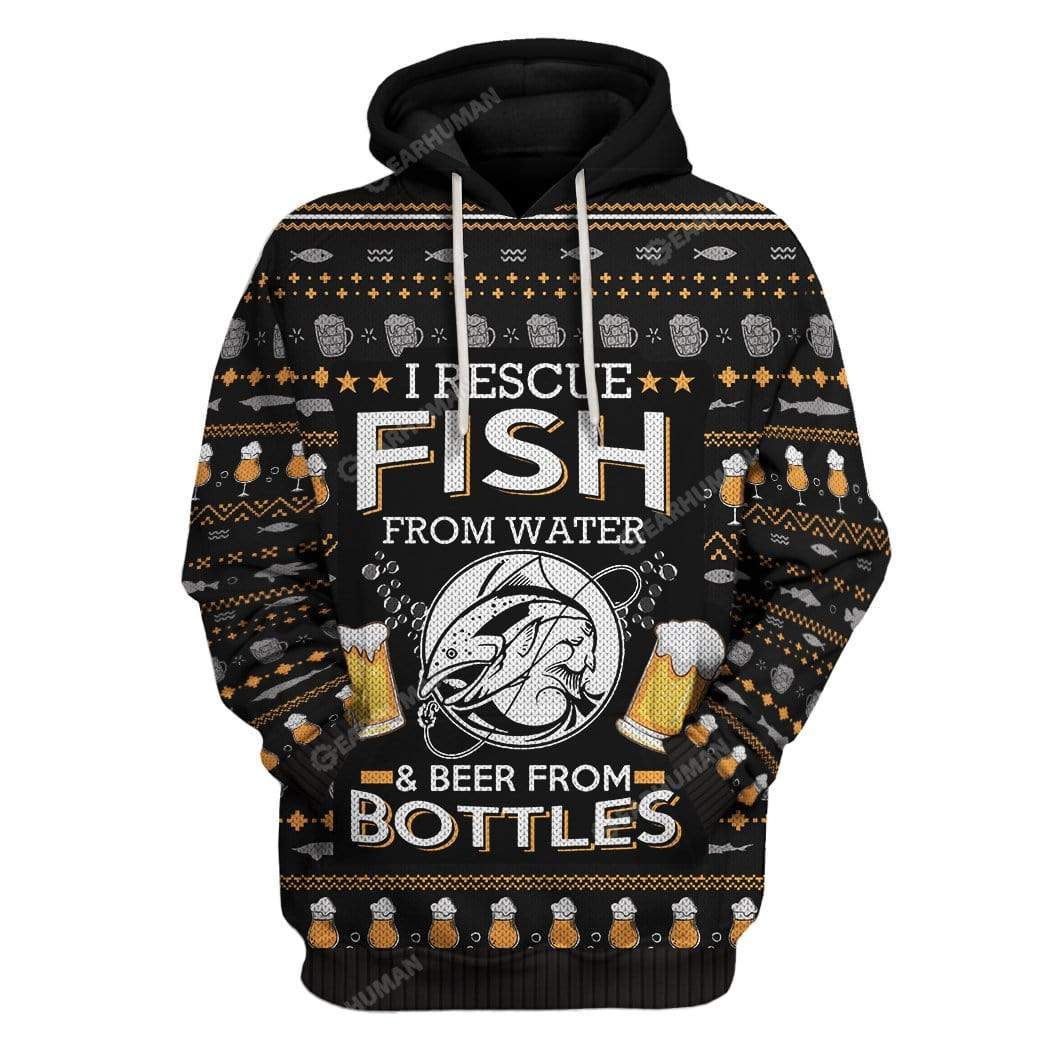  Fishing Beer T-shirt I Rescue Fish From Water And Beer From Bottle Beer Pattern Black T-shirt Fishing Hoodie Adult Full Size