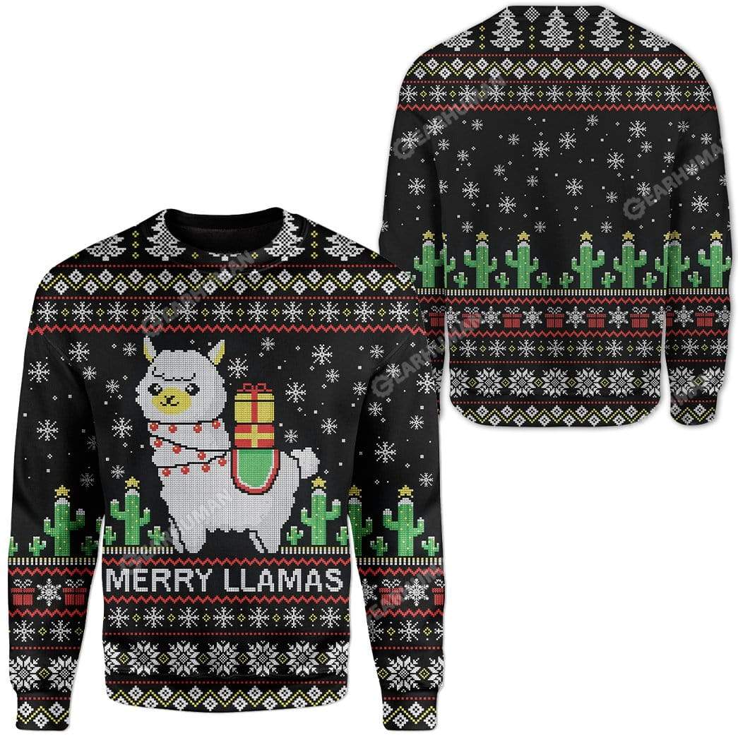 Llama Christmas Sweater Merry Llamas Christmas Pattern Black Ugly Sweater