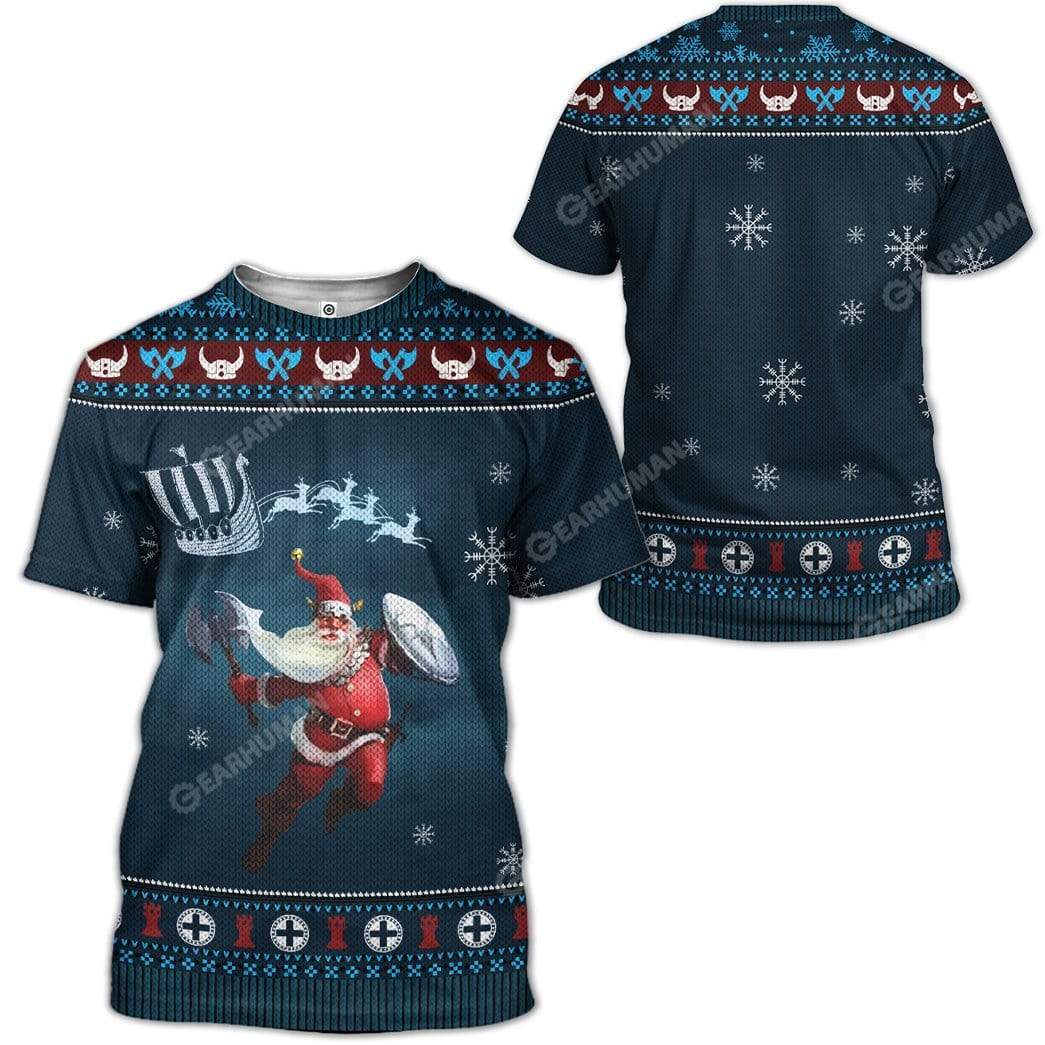  Viking Shirt Viking Santa Viking Pattern Christmas Blue T-shirt Viking Hoodie Unisex Full Print