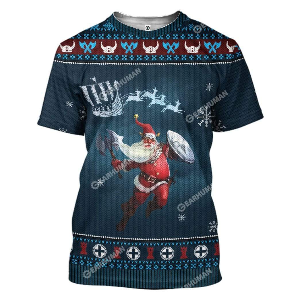  Viking Shirt Viking Santa Viking Pattern Christmas Blue T-shirt Viking Hoodie Unisex Full Print