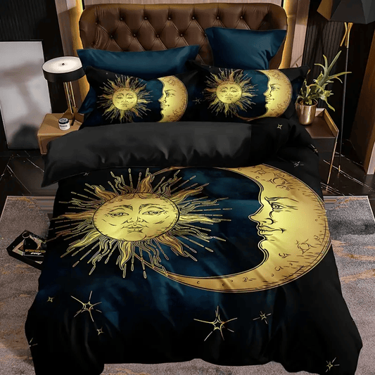 Hippie Bedding Set Boho Chic Golden Moon And Sun Duvet Covers Black Unique Gift