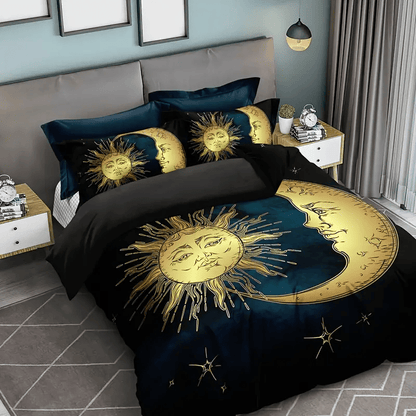 Hippie Bedding Set Boho Chic Golden Moon And Sun Duvet Covers Black Unique Gift