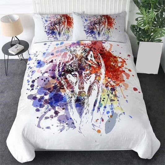 Wolf Bedding Set Lone wolf Watercolor Art Graphic Duvet Covers White Unique Gift