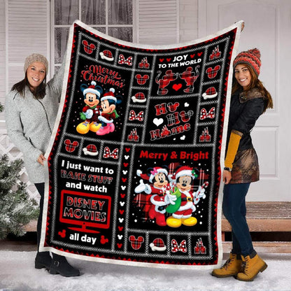 DN Blanket MK And MM Mouse Merry Christmas Joy To The World Red Black Blanket