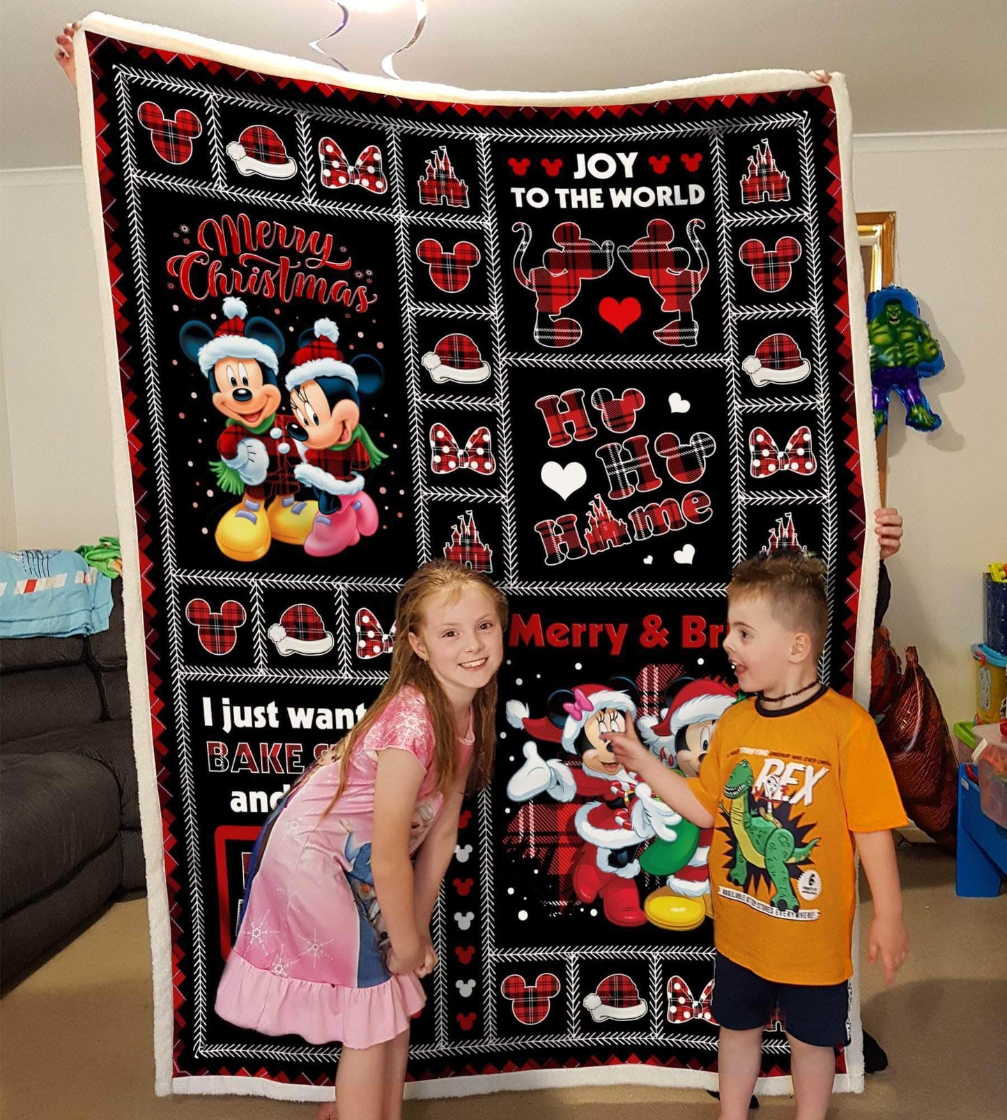 DN Blanket MK And MM Mouse Merry Christmas Joy To The World Red Black Blanket