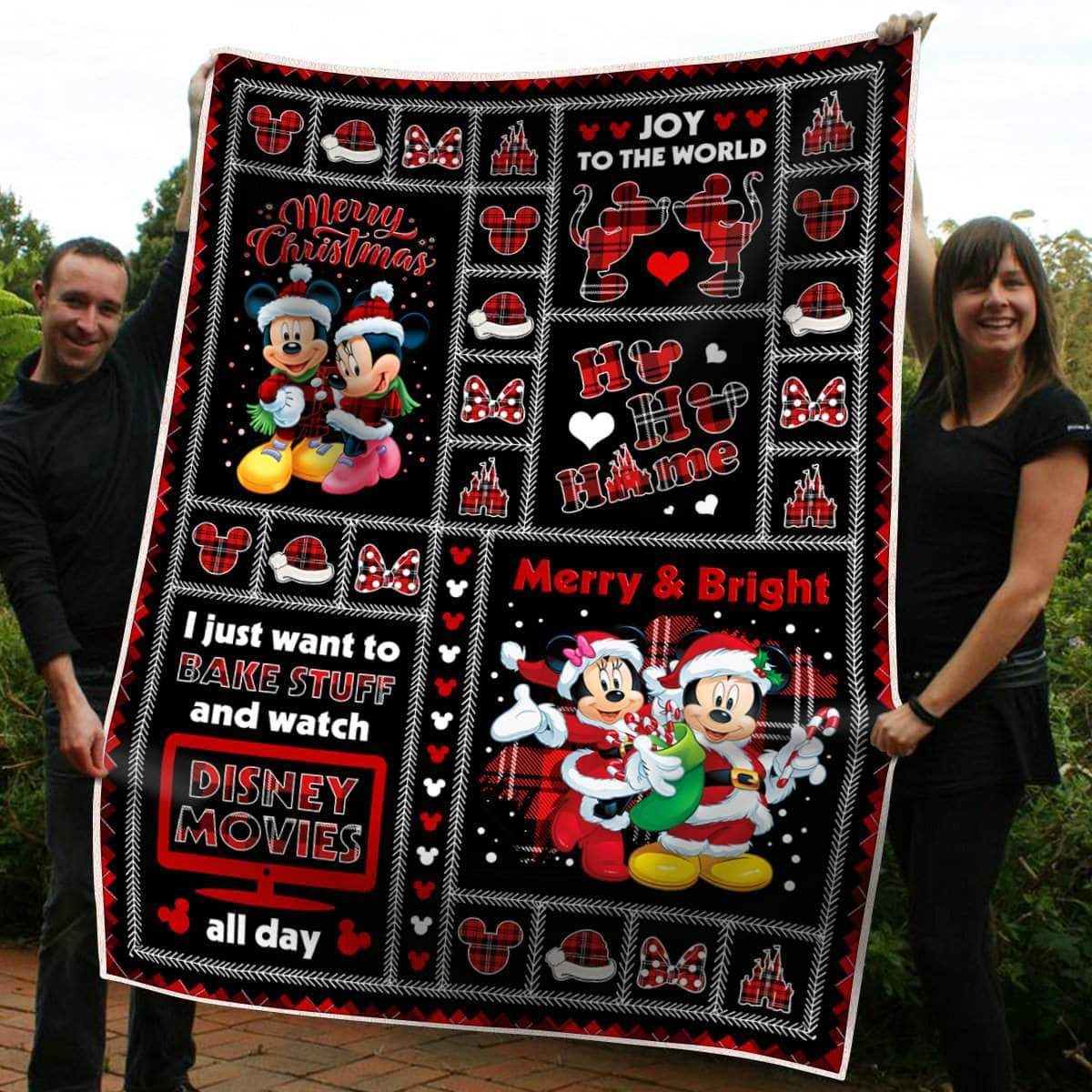 DN Blanket MK And MM Mouse Merry Christmas Joy To The World Red Black Blanket