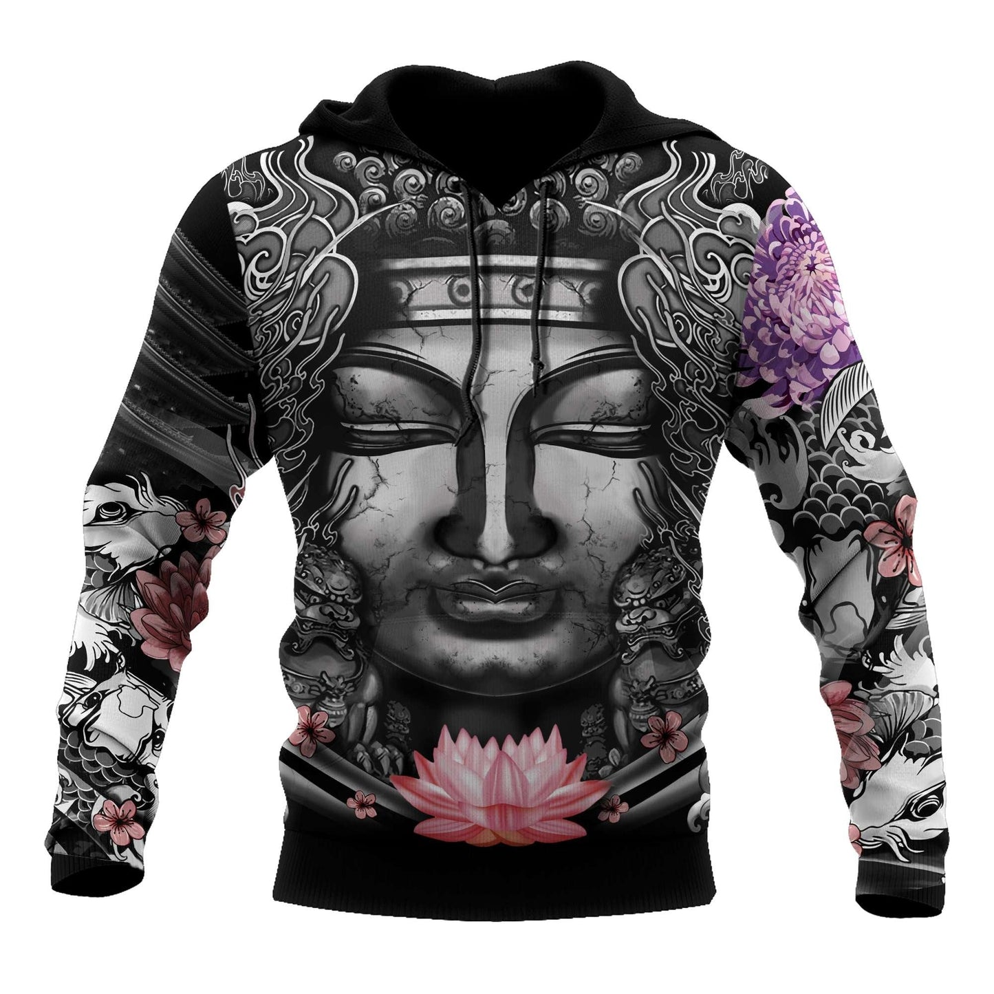  Japan T-shirt Buddhism Japanese Tattoo Black White T-shirt Hoodie Adult Full Print