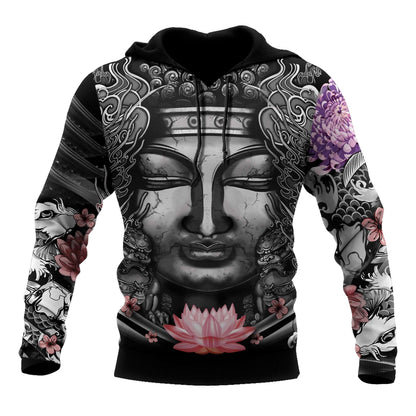  Japan T-shirt Buddhism Japanese Tattoo Black White T-shirt Hoodie Adult Full Print