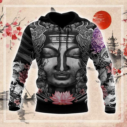  Japan T-shirt Buddhism Japanese Tattoo Black White T-shirt Hoodie Adult Full Print