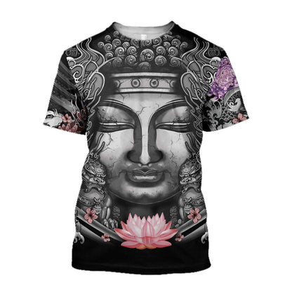  Japan T-shirt Buddhism Japanese Tattoo Black White T-shirt Hoodie Adult Full Print