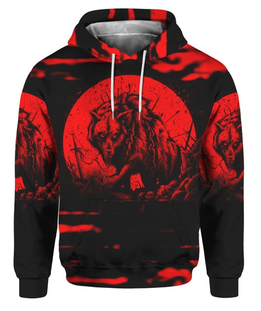  Halloween T-shirt Scary Wolf My Level Of Patience Depends On Your Level Of Stupidity Red Black Hoodie Full Print Unisex