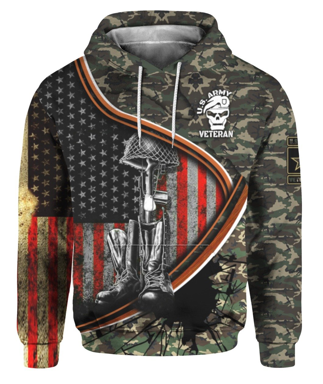 Veteran Hoodie US Army Veteran Skull Symbol Camouflage American Flag Hoodie